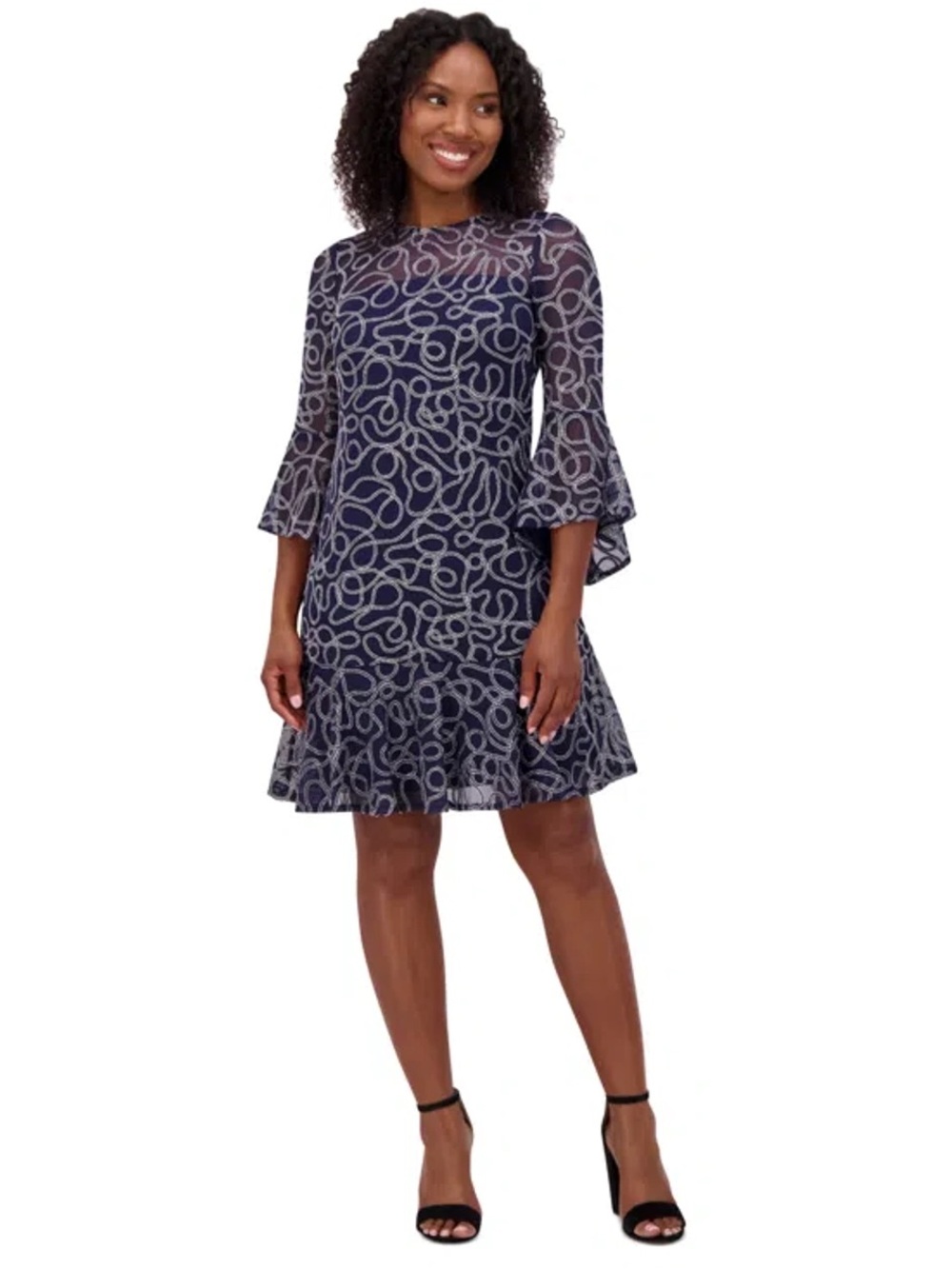 NWT 4.5 Cocktail Navy Silver Embroidered Mesh Ruffle Dress Size 14